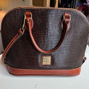DOONEY AND BOURKE Embossed Lizard Zip Zip Satchel Brown Leather Trim